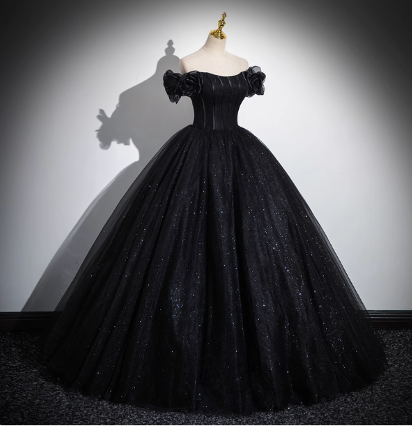 Gothic Court Black Off-The-Shoulder Shimmer Tulle Ball Gown Evening Dress Sweet 16 Dress