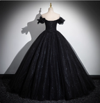Gothic Court Black Off-The-Shoulder Shimmer Tulle Ball Gown Evening Dress Sweet 16 Dress