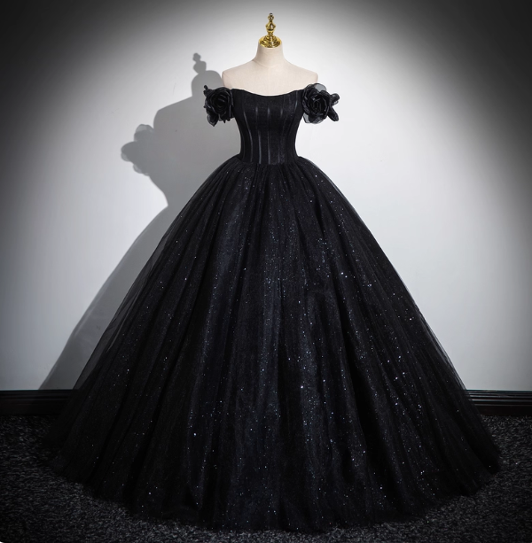 Gothic Court Black Off-The-Shoulder Shimmer Tulle Ball Gown Evening Dress Sweet 16 Dress Main image