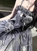 Gothic Sweet & Cool Silver Gray Spaghetti Strap 3D Floral Bow Sequined Satin Prom Dress Evening Dress