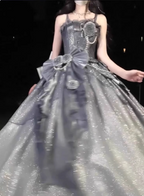 Gothic Sweet & Cool Silver Gray Spaghetti Strap 3D Floral Bow Sequined Satin Prom Dress Evening Dress