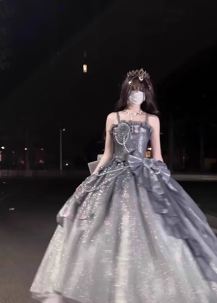 Gothic Sweet & Cool Silver Gray Spaghetti Strap 3D Floral Bow Sequined Satin Prom Dress Evening Dress Main image