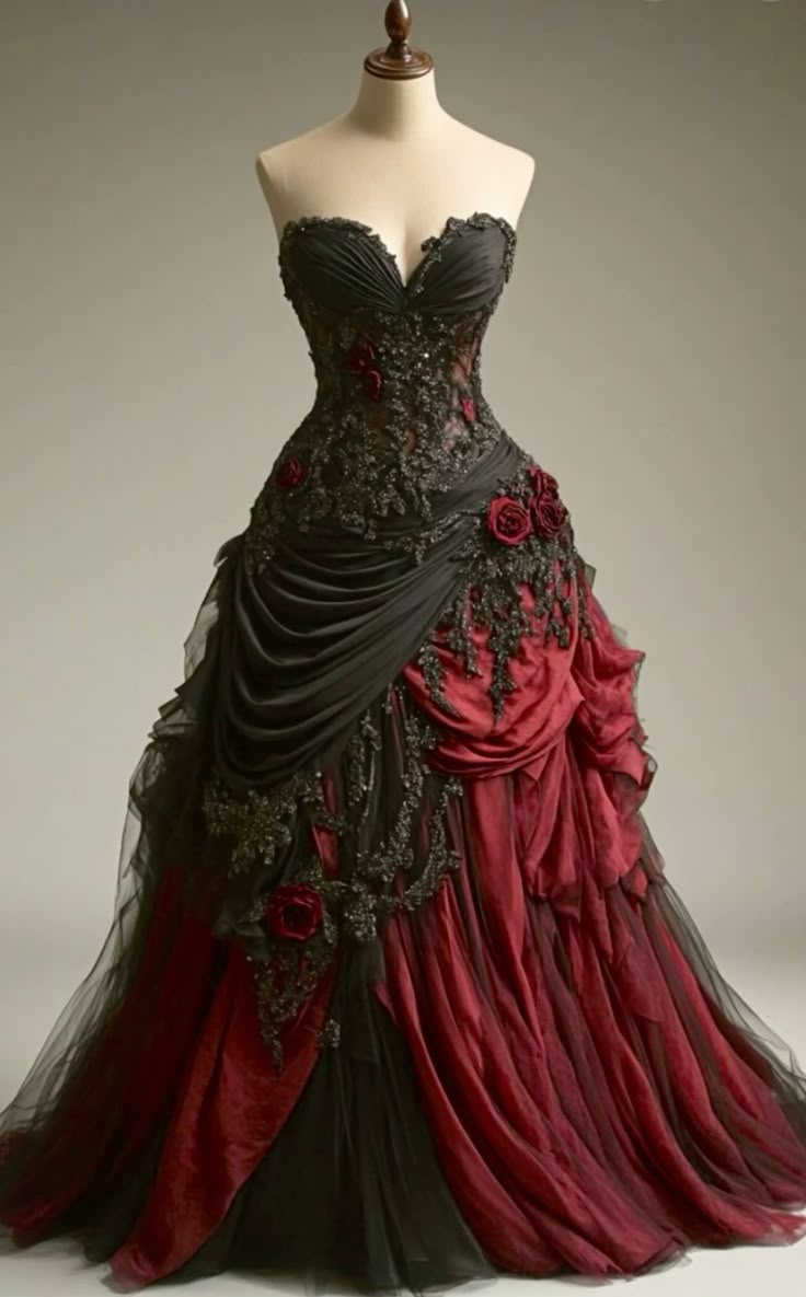 Gothic Victorian Wedding Dress, Pleated Floral Rose 3D Custom Black Burgundy Gown Main image