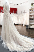 Graceful Long A-line Tulle V-neck Lace Backless Wedding Dress