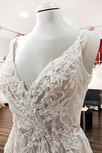 Graceful Long A-line Tulle V-neck Lace Backless Wedding Dress