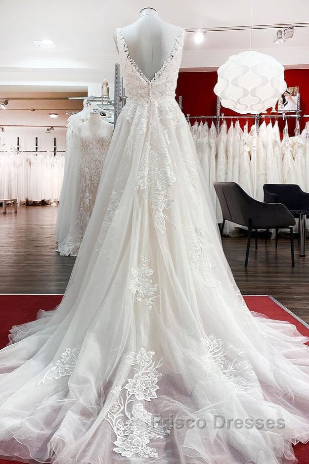 Graceful Long A-line Tulle V Neck Lace Open Back Wedding Dress