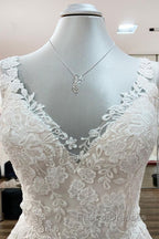 Graceful Long A-line Tulle V Neck Lace Open Back Wedding Dress