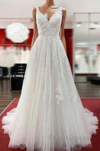 Graceful Long A-line Tulle V Neck Lace Open Back Wedding Dress