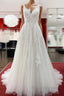 Graceful Long A-line Tulle V Neck Lace Open Back Wedding Dress