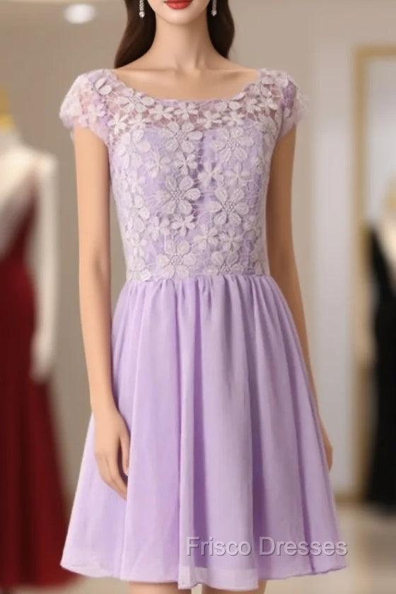 Graceful Purple Lace Round Neckline Short Formal Prom Dress Purple Bridesmaid Dress Graduation Dress Main image
