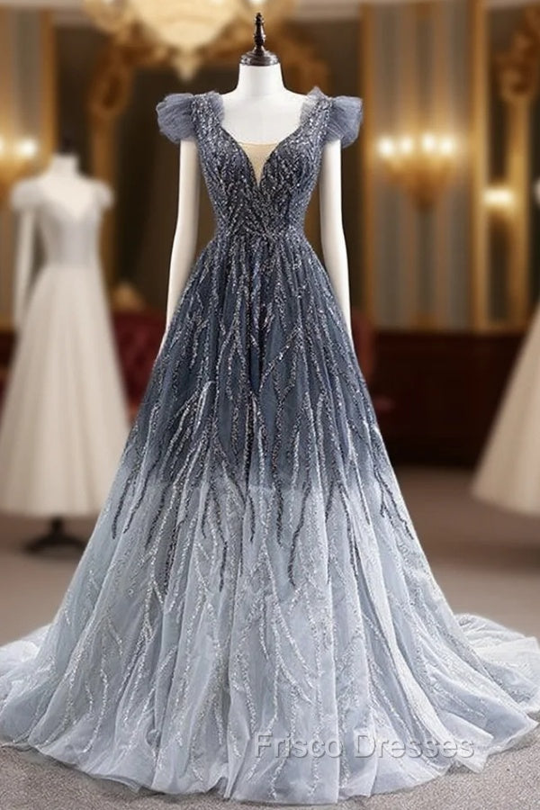 Gradation Gray Tulle V-neck Beading Formal Prom Dress Main image