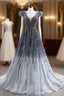 Gradation Gray Tulle V-neck Beading Formal Prom Dress