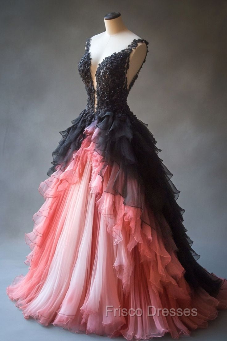 Gradient A-Line Tulle Lace Deep V Neck Long Formal Prom Dress, Layered Beaded Evening Dress