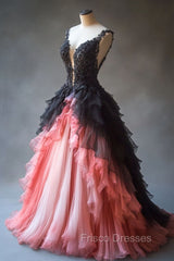 Gradient A-Line Tulle Lace Deep V Neck Long Formal Prom Dress, Layered Beaded Evening Dress