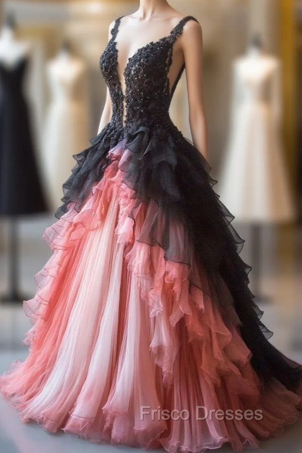 Gradient A-Line Tulle Lace Deep V Neck Long Formal Prom Dress, Layered Beaded Evening Dress Main image