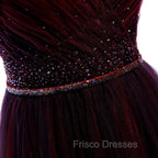 Gradient Beaded Wine Red Tulle Long Party Dress, A-line Wine Red Formal Prom Formal Dress