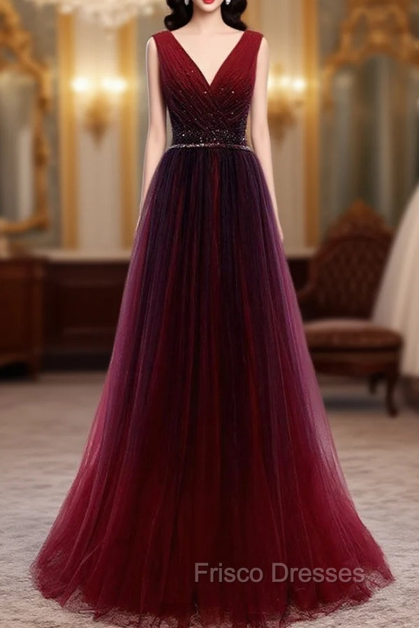 Gradient Beaded Wine Red Tulle Long Party Dress, A-line Wine Red Forma Frisco Dresses Gradient Beaded Wine Red Tulle Long Party Dress, A-line Wine Red Forma Frisco Dresses