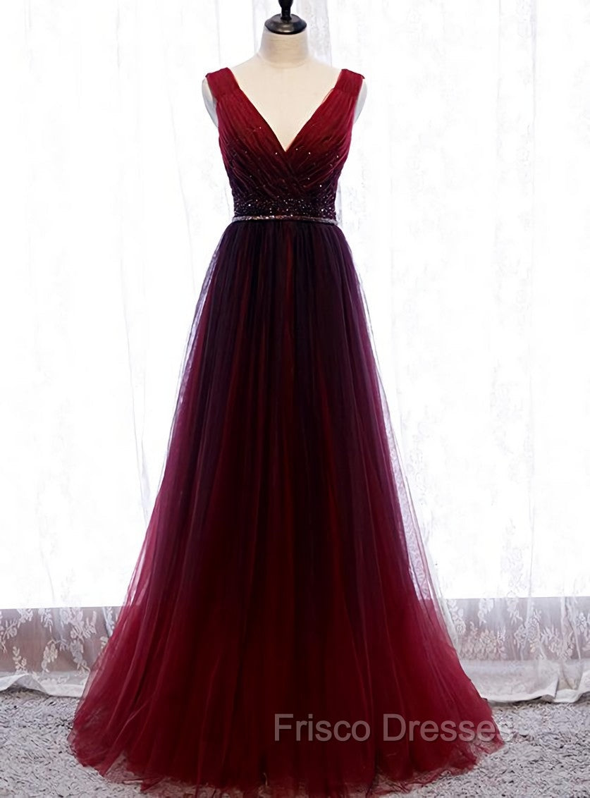 Gradient Beaded Wine Red Tulle Long Party Dress, A-line Wine Red Formal Prom Formal Dress Main image