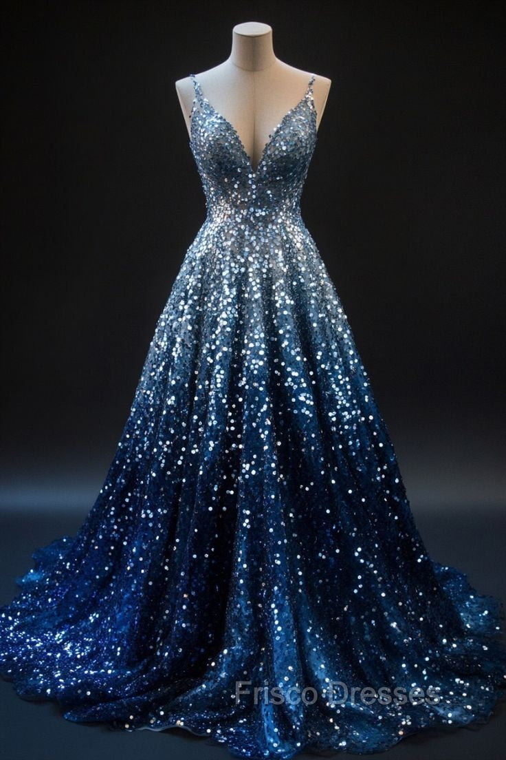Gradient Blue A-Line Spaghetti Straps Sequins Long Formal Prom Dress V-Neck Evening Gown Secondary image