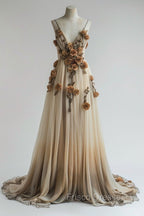 Gradient Champagne V-Neck Chiffon A-Line Formal Prom Dress Three-Dimensional Rose Simple Wedding Dress