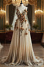 Gradient Champagne V-Neck Chiffon A-Line Formal Prom Dress Three-Dimensional Rose Simple Wedding Dress