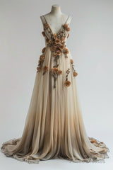 Gradient Champagne V-Neck Chiffon A-Line Prom Dress Three-Dimensional Rose Simple Wedding Dress