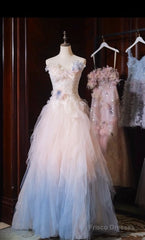 Gradient Color Strapless Tulle A-Line Long Birthday Ball Dress Beautiful Wedding Dress