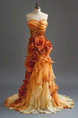 Gradient Orange Mermaid Sweetheart Neck Beaded Long Formal Prom Dress Layered Lace Applique Wedding Dress Formal Dressed01634