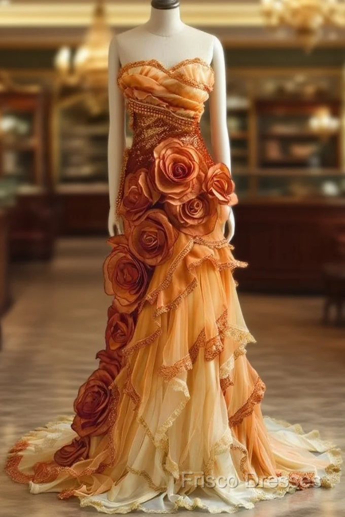 Gradient Orange Mermaid Sweetheart Neck Beaded Long Formal Prom Dress Layered Lace Applique Wedding Dress Formal Dressed01634 Main image