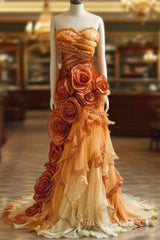 Gradient Orange Mermaid Sweetheart Neck Beaded Long Formal Prom Dress Layered Lace Applique Wedding Dress Formal Dressed01634