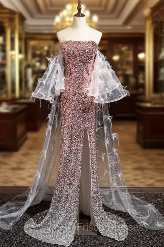 Gradient Pink Sequins Strapless Feather Formal Prom Dress