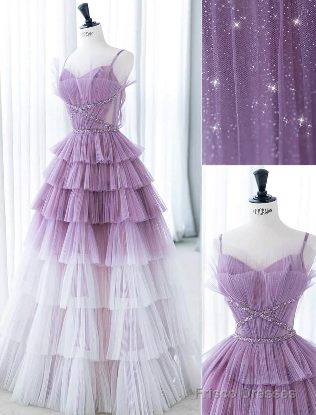 Gradient Purple A-Line Spaghetti Strap Tulle Sequin Long Prom Dress Graduation Prom Dress Secondary image