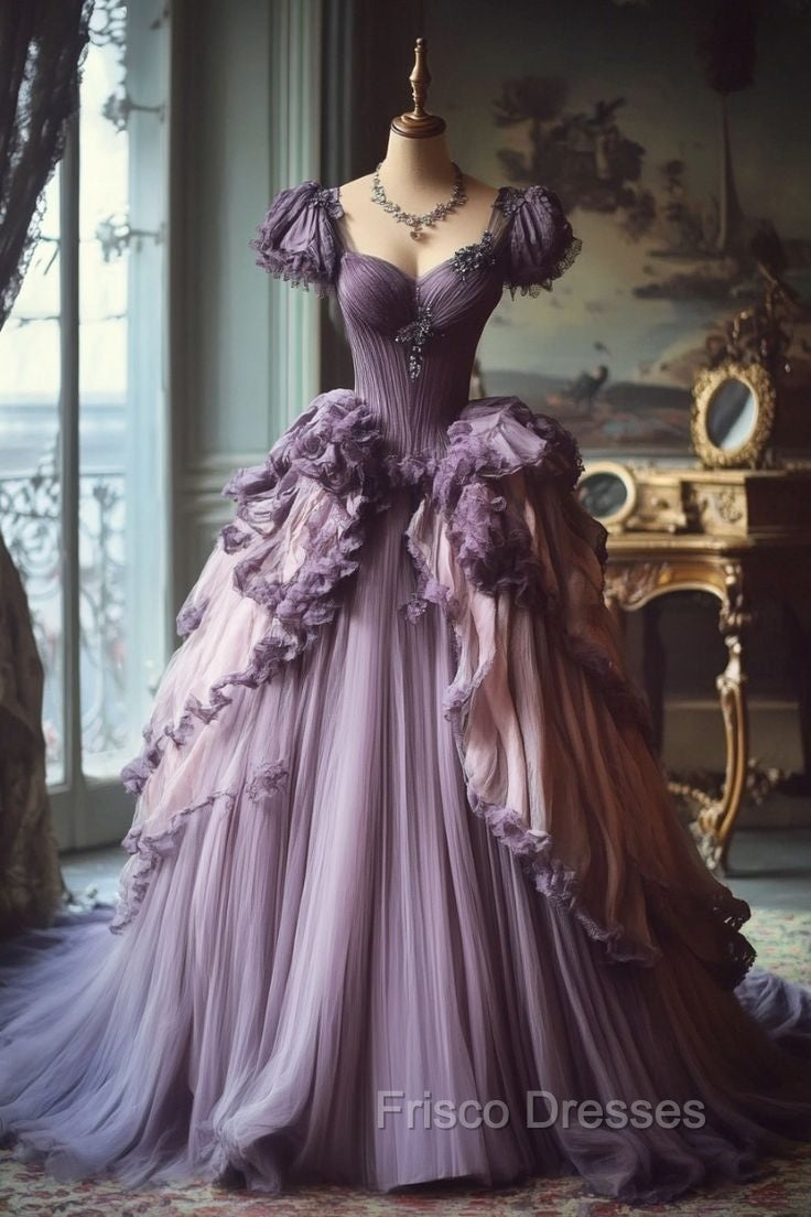 Gradient Purple A-Line Sweetheart Neck Tulle Lace Vintage Long Formal Prom Dress Secondary image