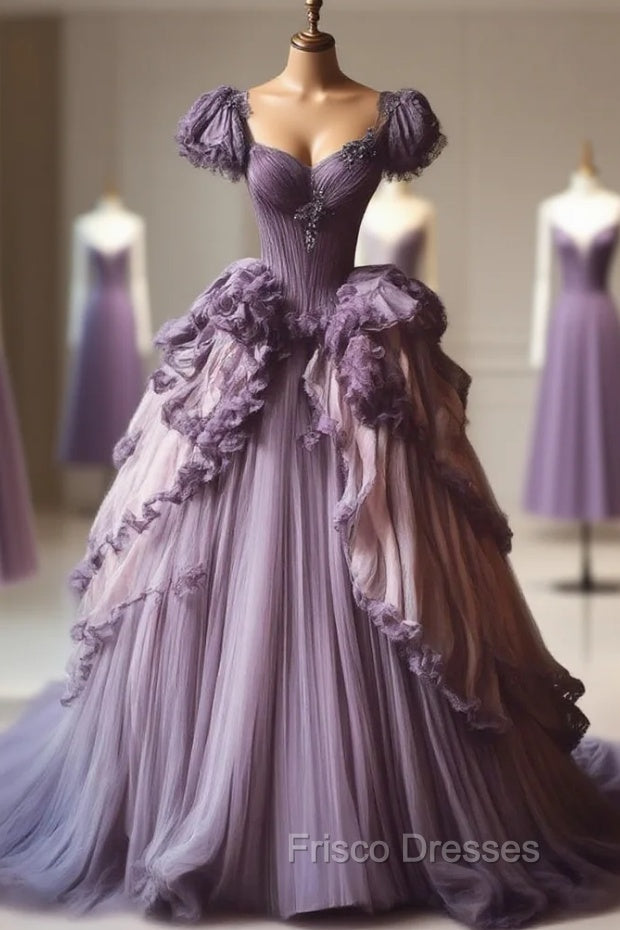 Gradient Purple A-Line Sweetheart Neck Tulle Lace Vintage Long Formal Prom Dress