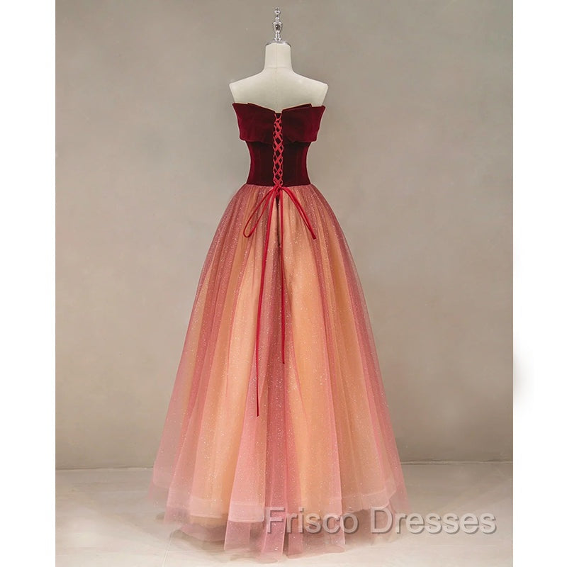 Gradient Red Tulle with Velvet Long Party Dress, Cute Floor Length Formal Dress Secondary image