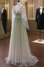 Gradient Tulle Green Beaded Long Sleeves Party Dress, Green Formal Dress