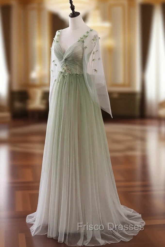 Gradient Tulle Green Long Sleeves Party Dress, Green Evening Formal Dress Main image