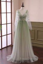 Gradient Tulle Green Long Sleeves Party Dress, Green Evening Formal Dress