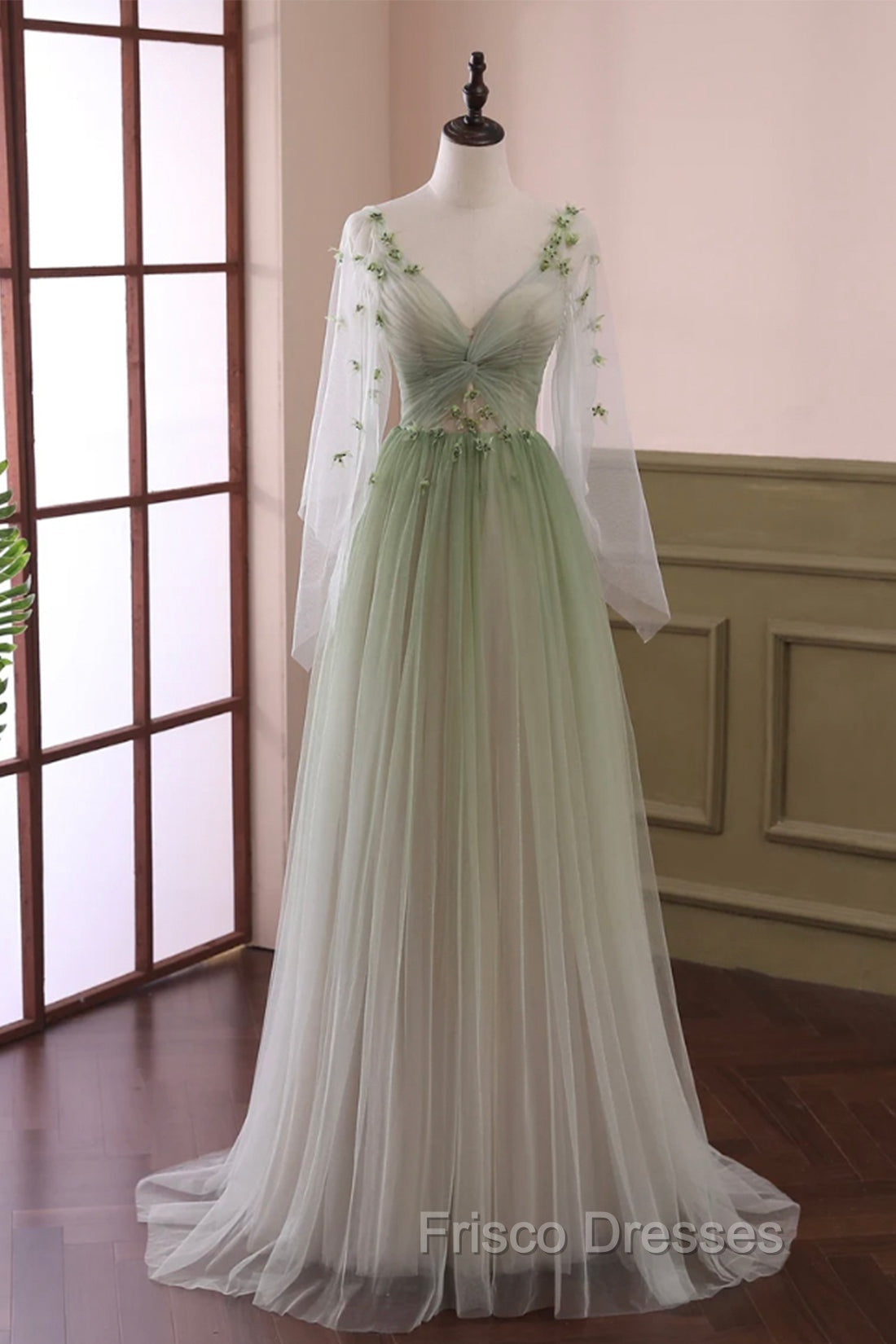 Gradient Tulle Green Long Sleeves Party Dress, Green Evening Formal Dress