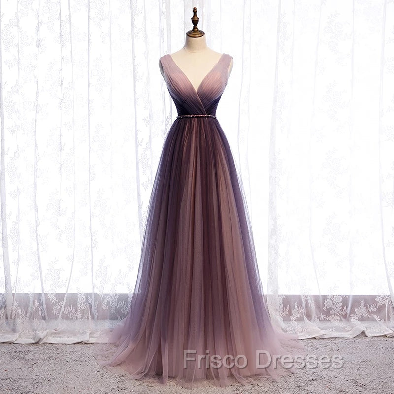 Gradient V-neckline Tulle Long Formal Prom Dress Party Dress, Gradient Evening Gown