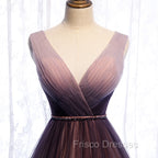 Gradient V-neckline Tulle Long Formal Prom Dress Party Dress, Gradient Evening Gown