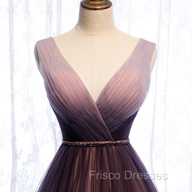 Gradient V-neckline Tulle Long Formal Prom Dress Party Dress, Gradient Evening Gown