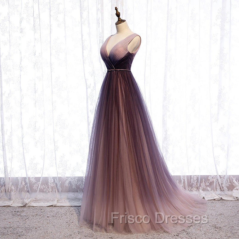 Gradient V-neckline Tulle Long Formal Prom Dress Party Dress, Gradient Evening Gown