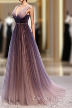 Gradient V-neckline Tulle Long Formal Prom Dress Party Dress, Gradient Evening Gown