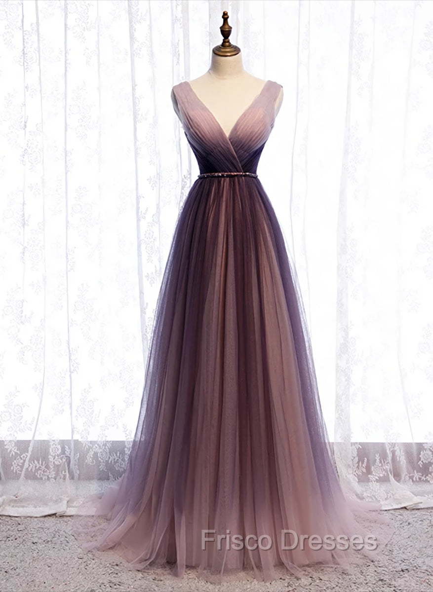 Gradient V-neckline Tulle Long Formal Prom Dress Party Dress, Gradient Evening Gown Main image