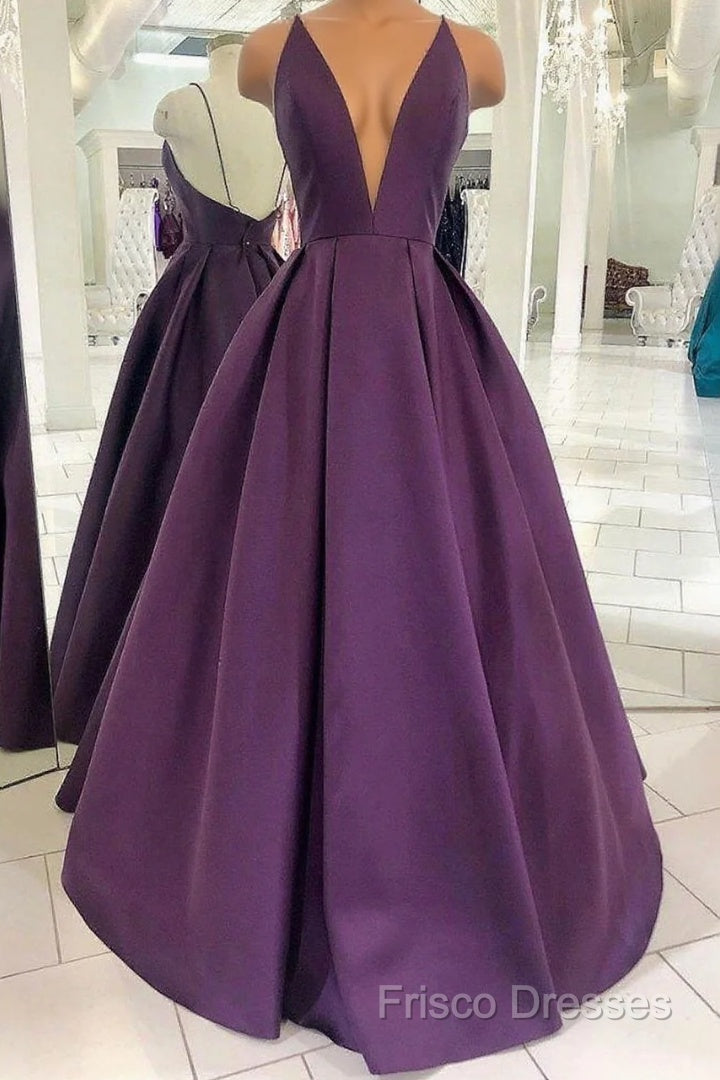 Grape Purple Satin V Neck Backless Long Formal Prom Dress