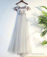 Gray A Line Lace Long Prom Dress, Gray Evening Dress