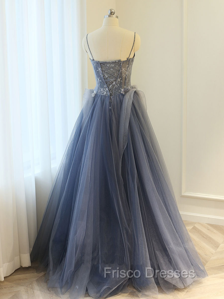 Gray A Line Lace Tulle Long Formal Prom Dress, Gray Formal Evening Dress Secondary image