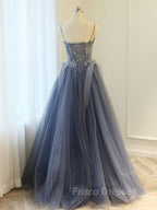 Gray A Line Lace Tulle Long Formal Prom Dress, Gray Formal Evening Dress