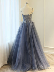 Gray A Line Lace Tulle Long Prom Dress, Gray Formal Evening Dress